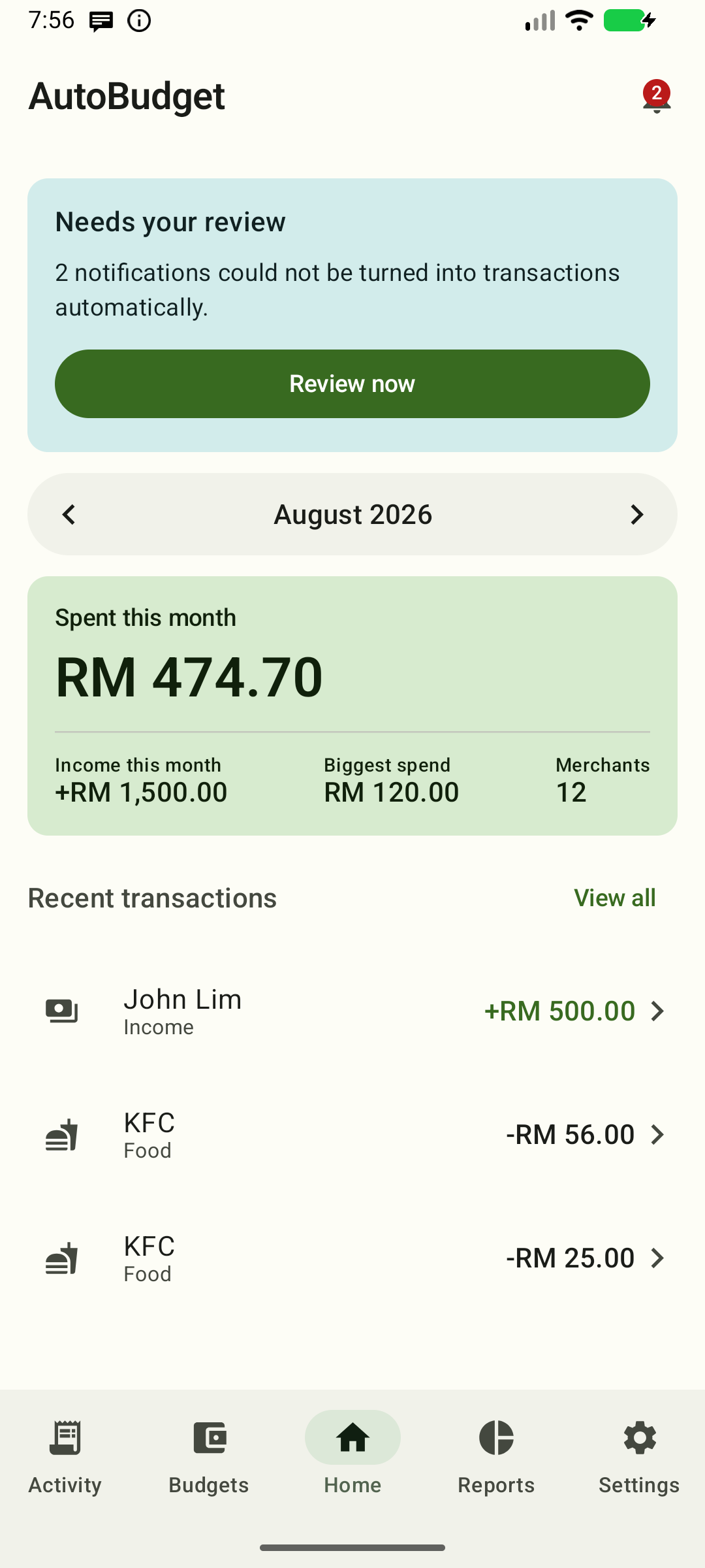 Home screen
