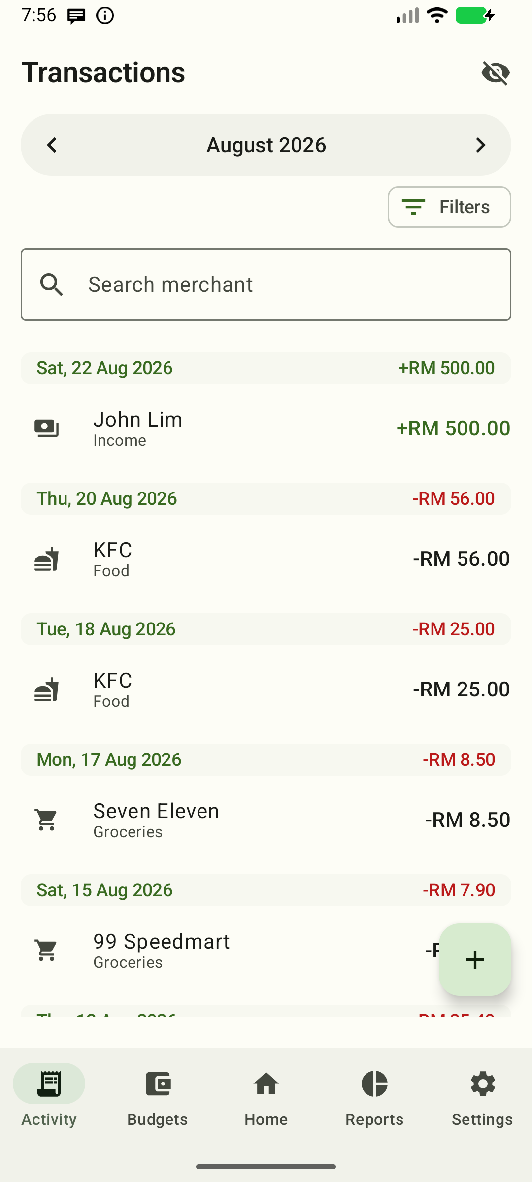 Transactions list